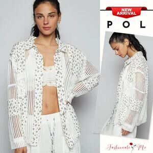 POL Boho Floral Pattern Crochet Patchwork Long Sleeves Oversized Shirt | White